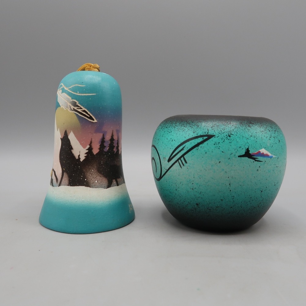 Native American Artist Signed Hand Painted Pastel Hozoni Pottery Bell & Bowl